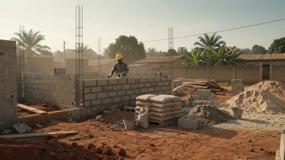 Maçon montant les murs d'une maison en parpaings au Togo